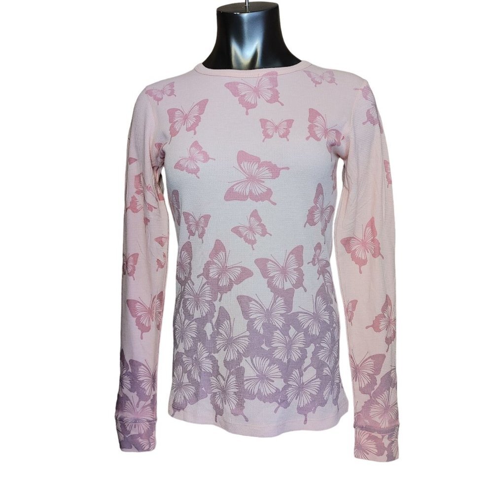 CHELSEA & VIOLET Womens M Pink Butterfly Cotton Blend Knit Long Sleeve Shirt Top